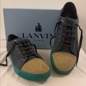 Lanvin Men's Gray and suede Tan Sneakers with calf skin & Green Soles.